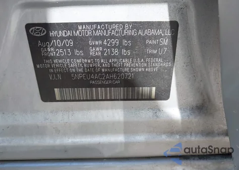 2010 Hyundai Sonata Se z USA, uszkodzony, nr VIN 5NPEU4AC2AH620721